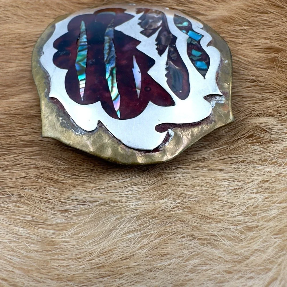 VTG Southwestern Mountain Landscape Turquoise Abalone Chip Inlay Belt Buckle